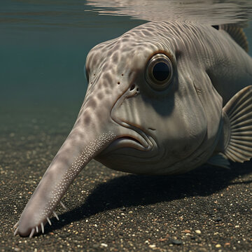 Enigmatic ancient fish species with a prominent, elongated proboscis exploring aquatic depths