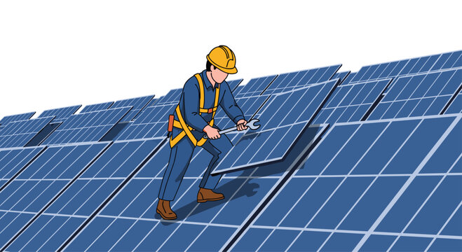 An engineer wearing a bright yellow safety helmet and yellow harness installs a photovoltaic panel module onto a large solar field array under a clear sky.