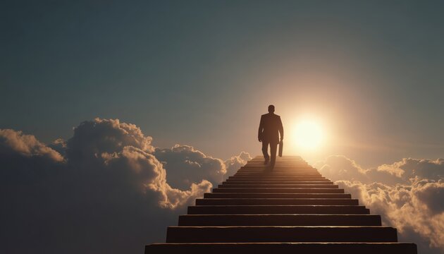 Successful Male Businessman Climbing Stairs Over Sunlit Sky: A Metaphor For Achievement, Growth, Leadership, And Career Advancement In Business And Education.