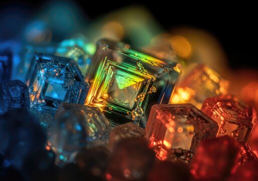 Extreme macro of salt crystals under colorful polarized light, looking like glowing geometric jewels, dark background.