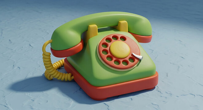 Green and red claymation rotary telephone on blue surface