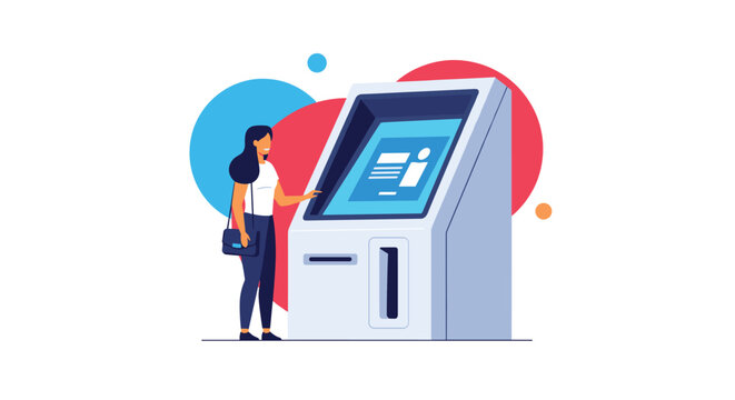 Young woman with a shoulder bag stands at an automated teller machine to perform a banking transaction or withdraw cash.