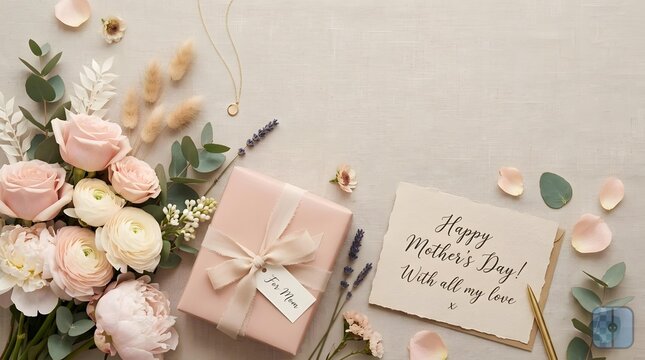 Elegant Mother's Day gift arrangement with a bouquet of pink roses, a wrapped present, and a heartfelt greeting card on a light background.