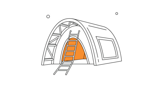 Architectural line drawing of a modern curved structure or portable tent with a ladder for temporary shelter or event space.