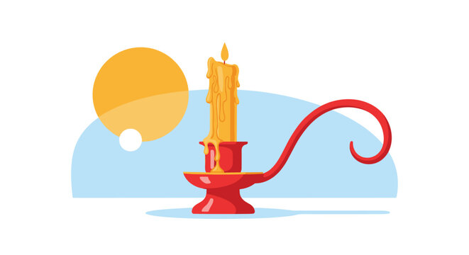 Illustration of a single burning candle melting down in a red holder against a stylized sun and blue backdrop.