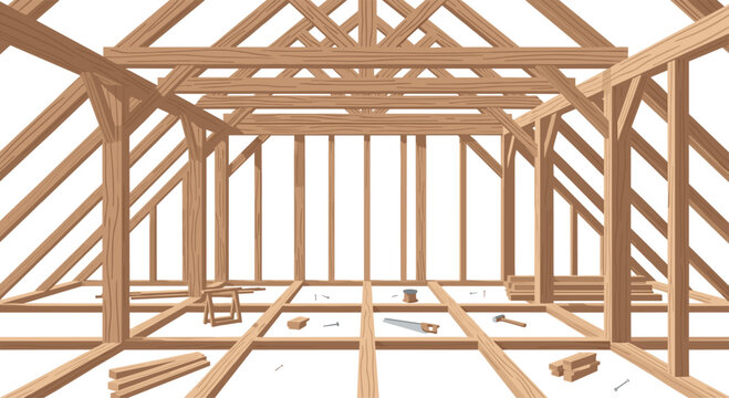 A cross-section view of a timber frame roof structure with exposed wooden beams and construction tools placed on the floor within an unfinished attic space.