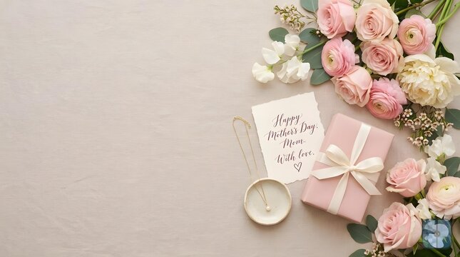Elegant flat lay of pink roses, a Mother's Day card, and a gift box on a light background, perfect for celebrating moms with love and appreciation.