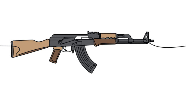 Continuous line drawing of an assault rifle on a transparent background.