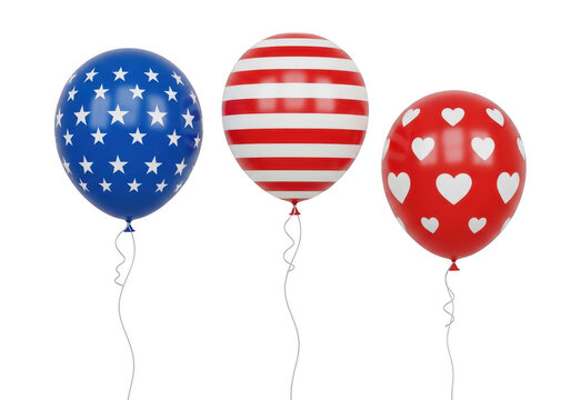 Three colorful balloons with usa flag pattern floating in the air PNG isolated on transparent background