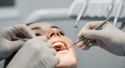 Fototapeta premium Patient receiving professional dental care while a dentist inspects her teeth in a modern clinic
