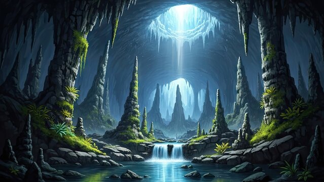 mystical ancient temple in glowing jungle cavern with waterfall fantasy concept