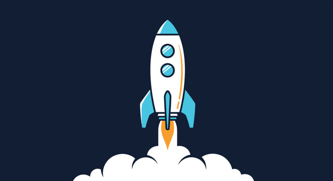 White and blue space rocket launching into the night sky with a cloud of smoke symbolizing a business startup.