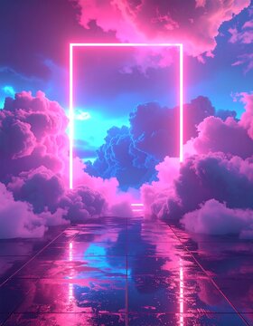 Surreal neon rectangle portal glowing in a pink, blue cloudy sky with wet, reflective ground