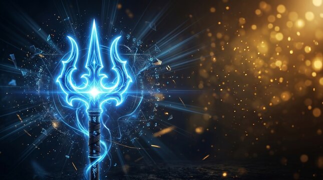 Glowing Blue Neon Lord Shiva Trishula with Divine Cosmic Energy.