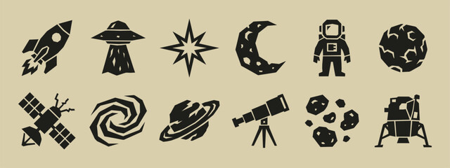 Black space exploration icon set with rocket astronaut UFO planets and satellite silhouettes © thetwelvesense