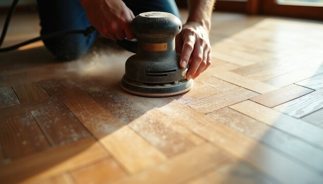 Man sands parquet floor in herringbone pattern. Creates smooth wood surface with orbital sander tool. Dust flies from machine during home renovation or restoration project.