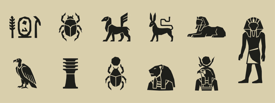 Ancient Egyptian symbols and deities black silhouette set including pharaoh sphinx scarab and gods