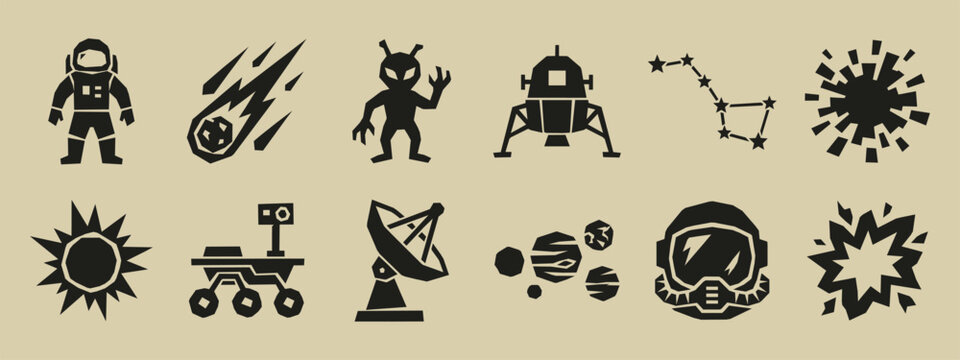 Black space exploration icons set including astronaut alien mars rover satellite dish and comet silhouettes