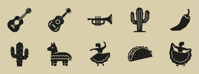 Mexican culture icons collection with guitar trumpet cactus piñata and dancer silhouettes © thetwelvesense
