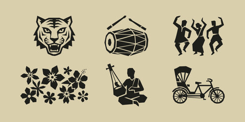Obraz premium Bangladesh cultural symbols set with tiger, rickshaw, folk dancers, musical instruments, and flowers