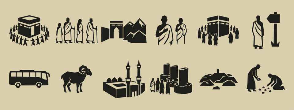 Islamic Hajj and Umrah pilgrimage icon set with Kaaba and pilgrims in Ihram silhouettes