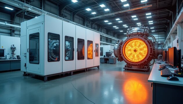 Modern aerospace lab features jet engine core with glowing interior. Research equipment and control stations visible. Advanced manufacturing and testing environment.