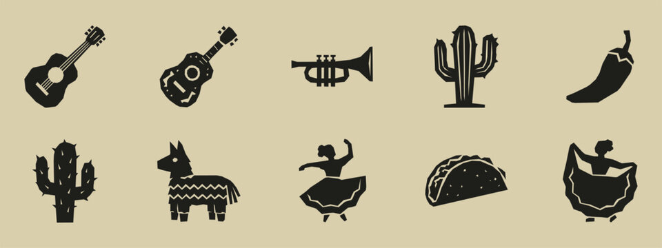 Mexican culture icons collection with guitar trumpet cactus pi&ntilde;ata and dancer silhouettes