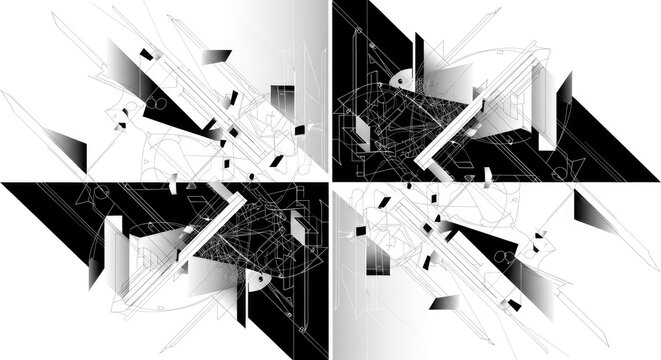 Abstract black and white geometric composition with architectural lines