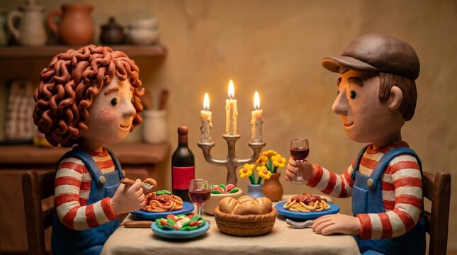 Claymation couple shares a candlelit pasta dinner. The tactile warmth of the clay suggests a handcrafted, nostalgic love, mirroring the simple, molded beauty of shared moments.