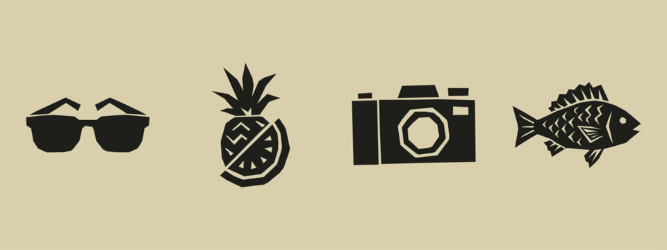 Summer travel icons set with sunglasses pineapple fruit digital camera and fish silhouette