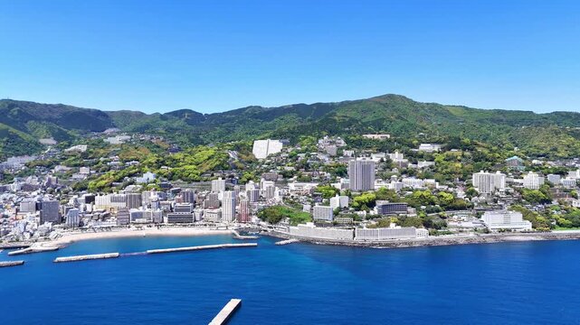 Atami Castle | Cityscape Panorama | Hot Spring Town | Japan - 4K Aerial Video
