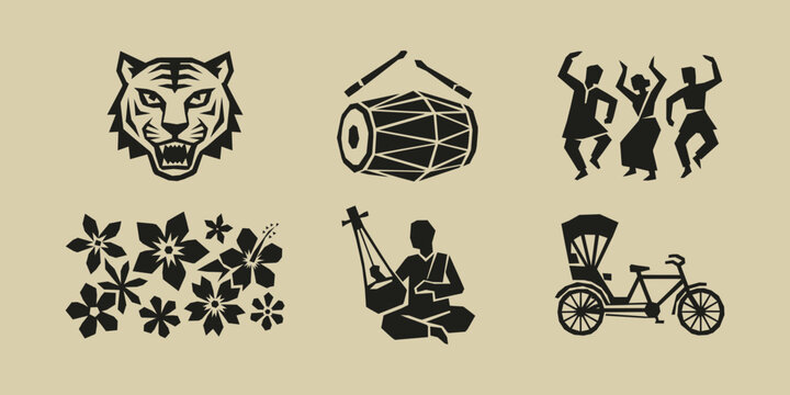 Bangladesh cultural symbols set with tiger, rickshaw, folk dancers, musical instruments, and flowers