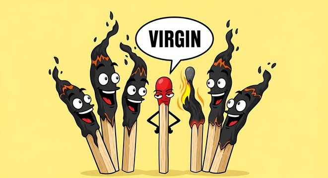 Cartoon matchsticks celebrating virginity with speech bubble