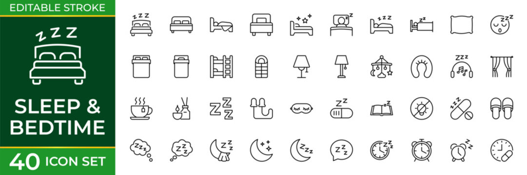 Sleep and Bedtime Line Icon Set for Rest, Relaxation, Insomnia, Dreams, Wellness and Healthy Night Routine Outline Vector Collection