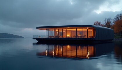 Obraz premium Modern curved houseboat with large windows floats on calm water. Interior lights glow warmly at dusk. Waterfront property offers luxury escape near forest landscape.