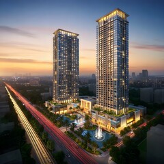 Obraz premium Luxury apartment development surrounded by landscaped greenery