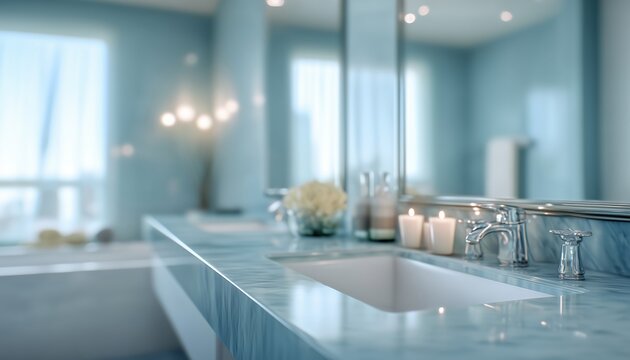 Soothing Blue Tones And Luxurious Fixtures In A Contemporary Bathroom, Creating A Serene Spa-Like Atmosphere For Relaxation. Elegant Amenities Included.