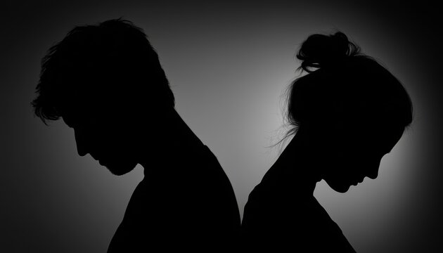 Man And Woman Silhouettes Depicting Relationship Issues And Emotional Turmoil With Hands On Heads And Backs Facing Each Other.