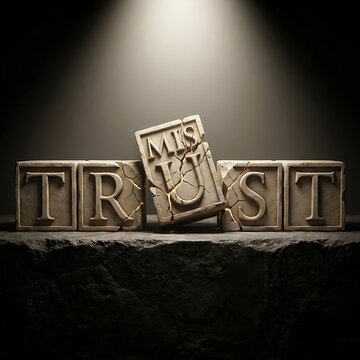 Stone blocks spelling trust with a cracked mis prefix representing broken relationships and betrayal in business concepts