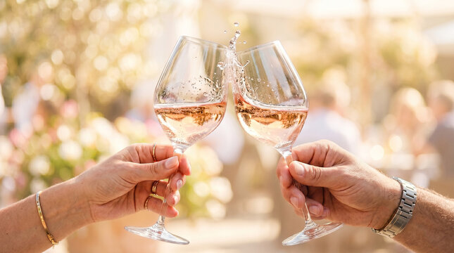 Couple clinking rose wine glasses with splash in sunny outdoor setting.
