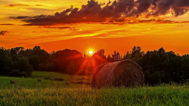 Serene rural landscape with hay bale at sunset in green field