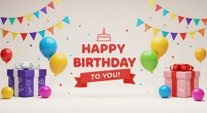 Happy Birthday To You! Gift Boxes, Balloons, and Bunting Flags Create a Festive Celebration Atmosphere