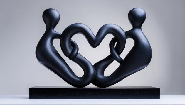 Abstract Black Sculpture: Two Intertwined Figures Forming A Heart, Signifying Love, Unity, And Connection. A Modern Art Masterpiece.