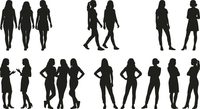 Collection of black silhouettes featuring diverse groups of women walking talking and posing in casual and professional attire