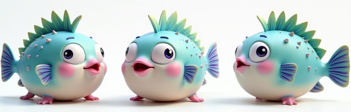 Three cartoon puffer fish with large eyes and spiky fins pose playfully. These aquatic creatures have round bodies and bright pink cheeks. They look surprised and curious. Fun underwater sea life.