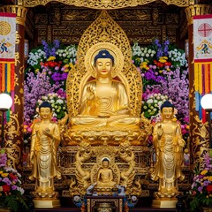 Obraz premium Golden buddha statue in colorful temple interior