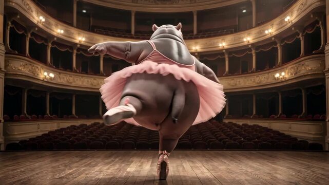 Humorous hippopotamus dressed in pink ballet tutu dancing on elegant theater stage under dramatic spotlight. Creative entertainment and comedy concept with cinematic atmosphere.