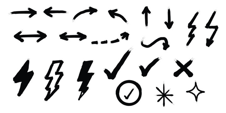 Hand Drawn Brush Arrows, Grunge Direction Icons, Rough Ink Pointer Set for Navigation UI, Sketch Style Symbols Collection Isolated on White Background