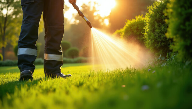 Gardener sprays green grass with liquid treatment. Person applies pesticide on lawn for pest control. Sun shines through mist, backyard maintenance.