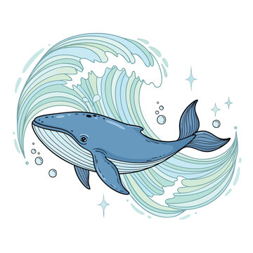 Illustration of a beautiful blue whale swimming in the ocean.